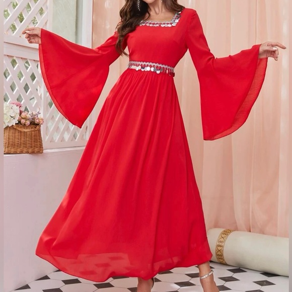 Red Flounce Sleeve Sequin Dress - Picture 5 of 13